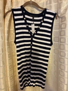 White House Black Market Navy & White Striped Snap-Front Tank